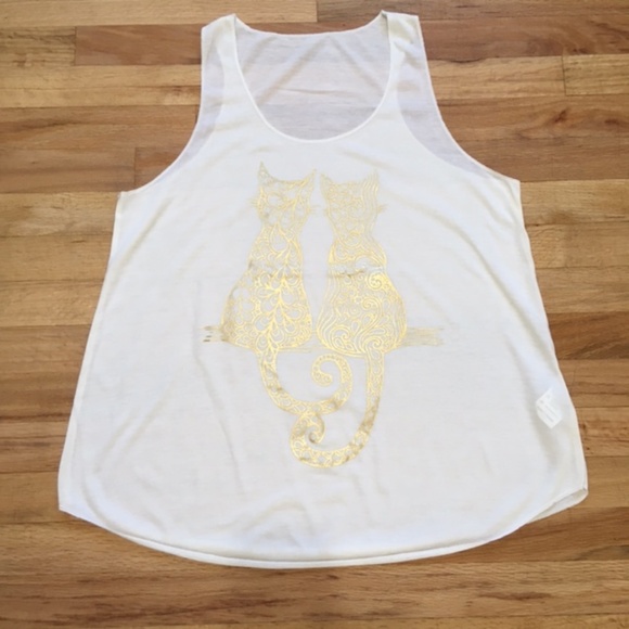 NWOT, Women Sleeveless Tank Top,100% Polyester, Ivory "2 kitties" silkscreen - Picture 2 of 6